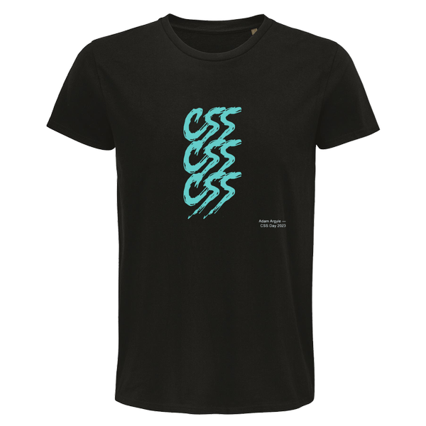 Black T-Shirt with the text 'CSS CSS CSS' in a teal color in a grunge font
