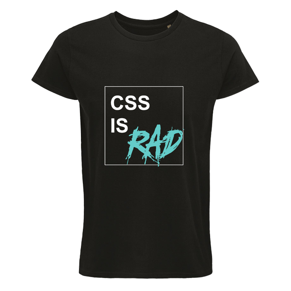 Black T-Shirt with white letters saying 'CSS is Rad'. The word Rad is shown in a grunge font and a teal color.