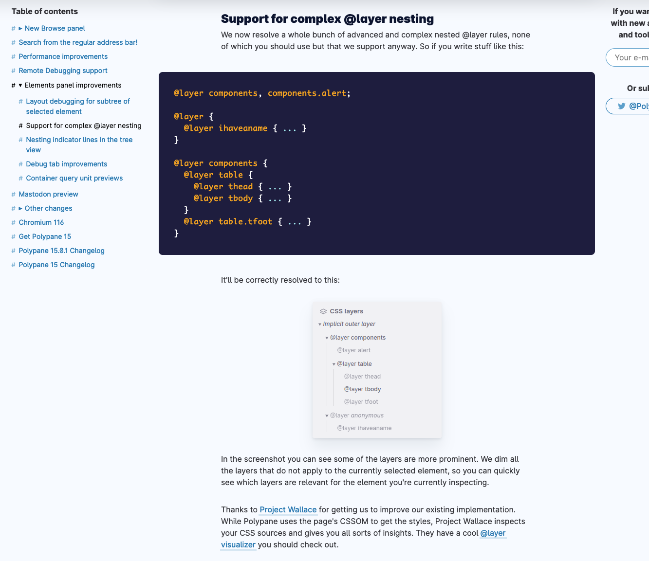 Screenshot of the Polypane blog with the section about CSS cascade layers and Project Wallace's visualizer