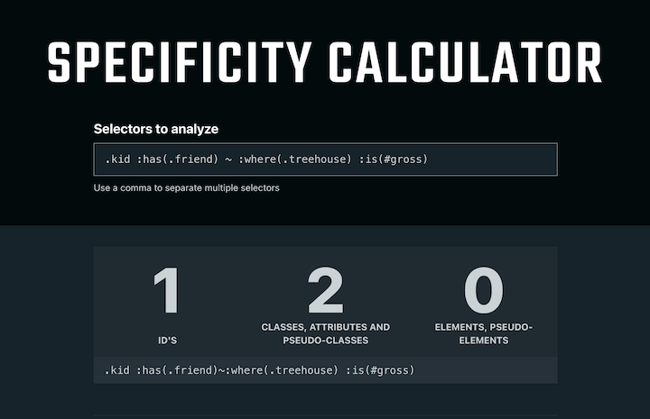 Specificity calculator page showing the specificity for a selector