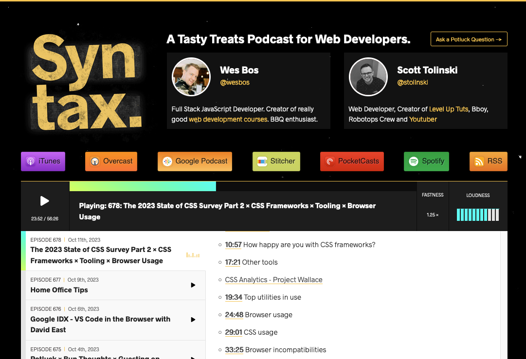 Screenshot of the Syntax.fm website with the show notes